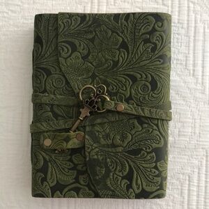 Vintage Antique Look Green Embossed Leather Journal Key